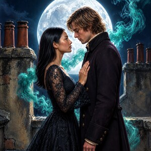 Premade Witchy Book Cover, Rooftop Couple Under the Moon Art for Paranormal Romance Authors image 3