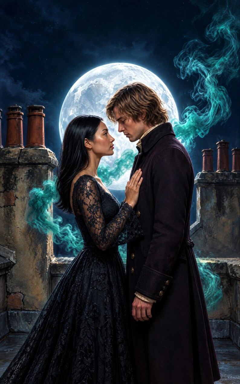 Premade Witchy Book Cover, Rooftop Couple Under the Moon Art for Paranormal Romance Authors image 3