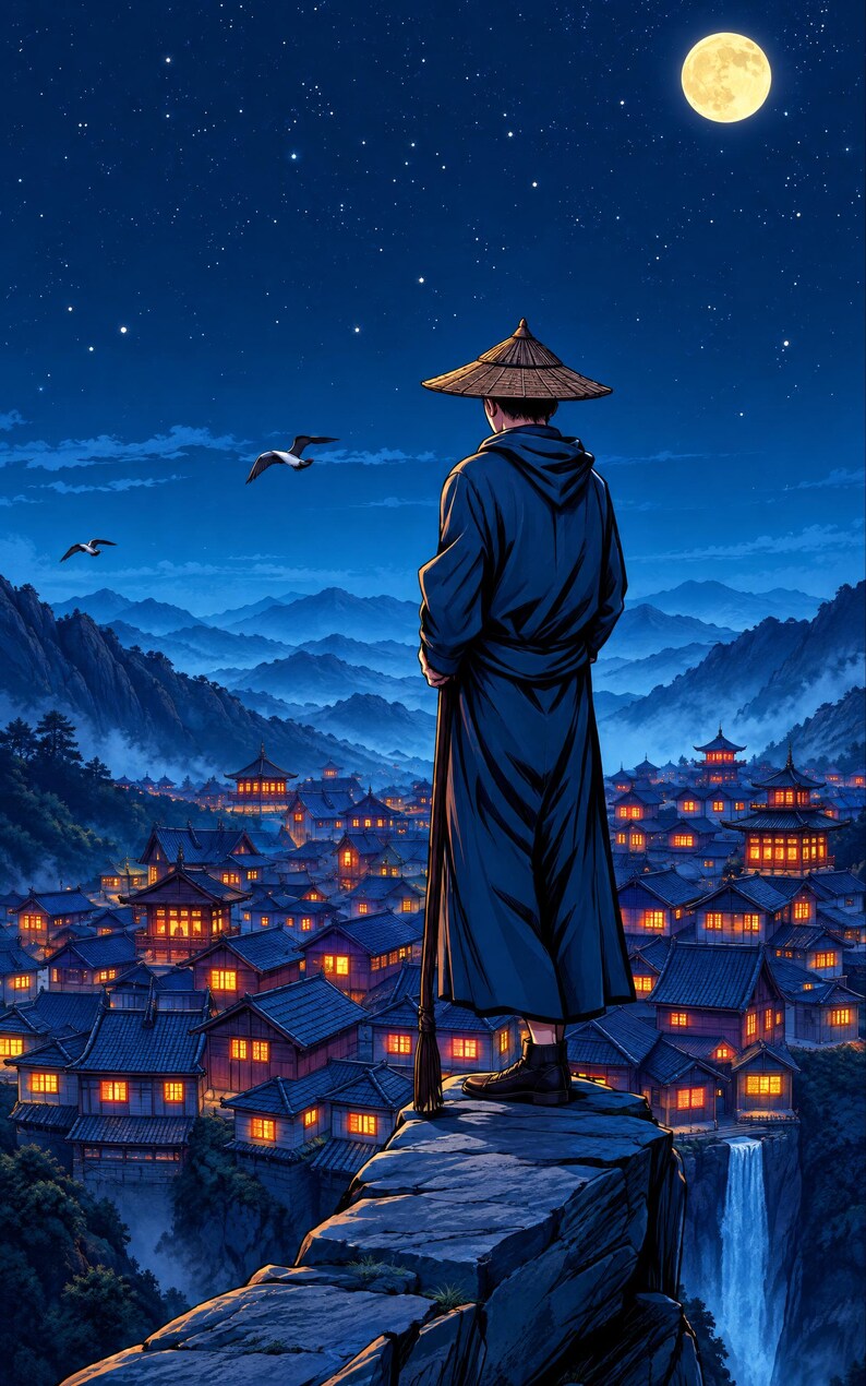 Premade LitRPG Book Cover, Straw Hat Immortal Above a Lantern Town Art for Cultivation Authors image 3