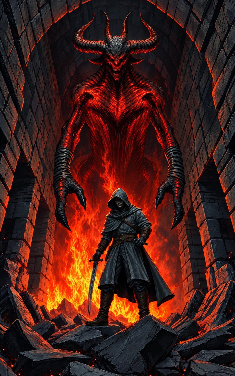 Premade LitRPG Book Cover, Hooded Fighter and Fire Giant Art for Dungeon Boss Authors image 3