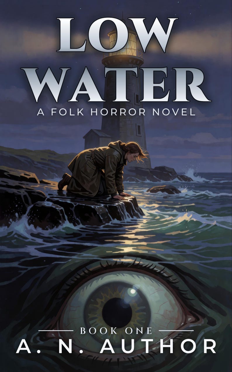 Copertina predefinita per libri horror, con faro e occhio di mostro marino, ideale per autori di horror folk. immagine 3