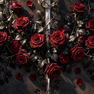 Premade Fantasy Book Cover, Silver Rapier in Crimson Roses Art for Dark Fantasy Authors image 1