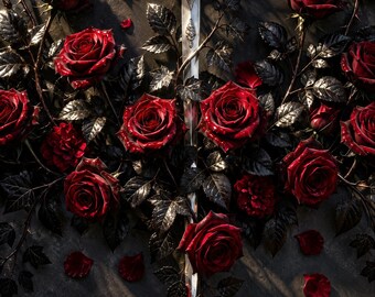 Premade Fantasy Book Cover, Silver Rapier in Crimson Roses Art for Dark Fantasy Authors
