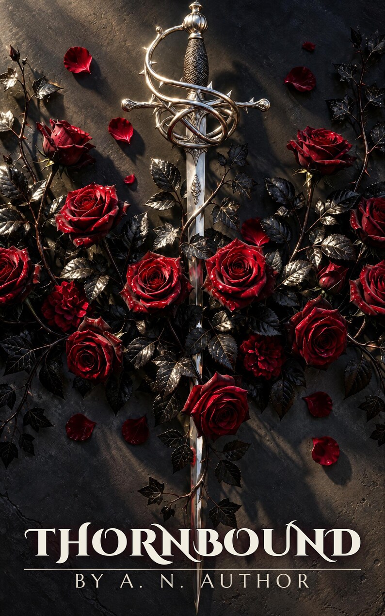 Premade Fantasy Book Cover, Silver Rapier in Crimson Roses Art for Dark Fantasy Authors image 1