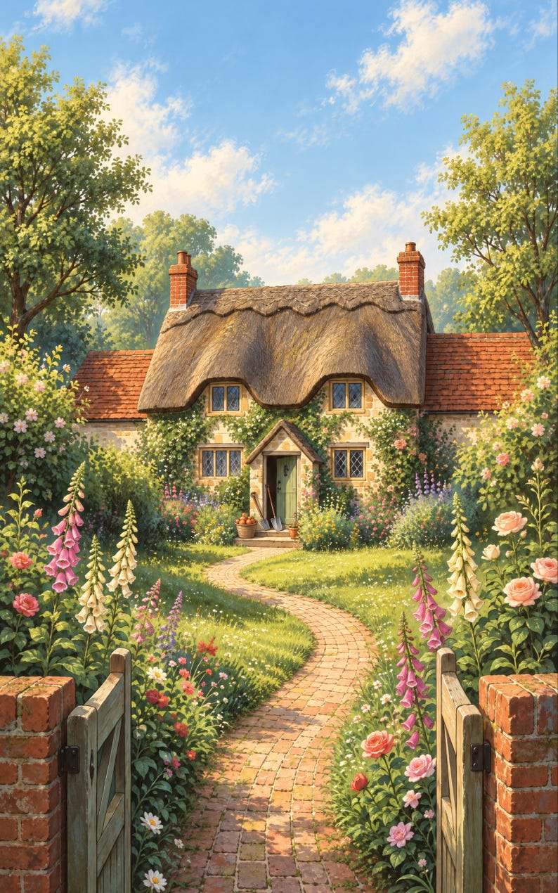 Premade Cozy Mystery Book Cover, Thatched Cottage Garden, English Village Ebook Design image 3