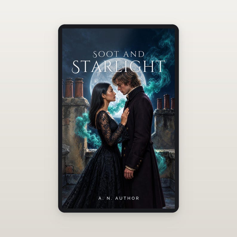 Premade Witchy Book Cover, Rooftop Couple Under the Moon Art for Paranormal Romance Authors image 2