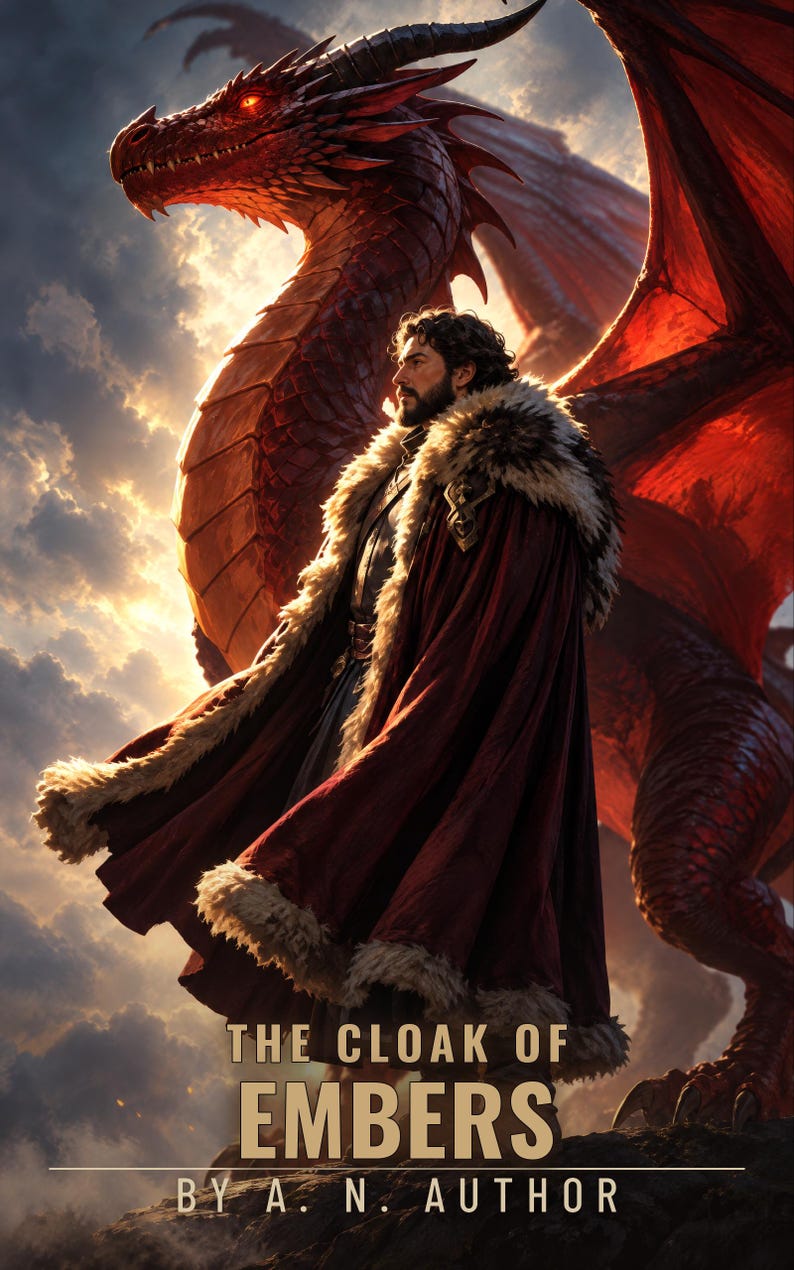 Premade Fantasy Book Cover, Cloaked Warrior and Red Dragon Art for Dragon Rider Authors image 1