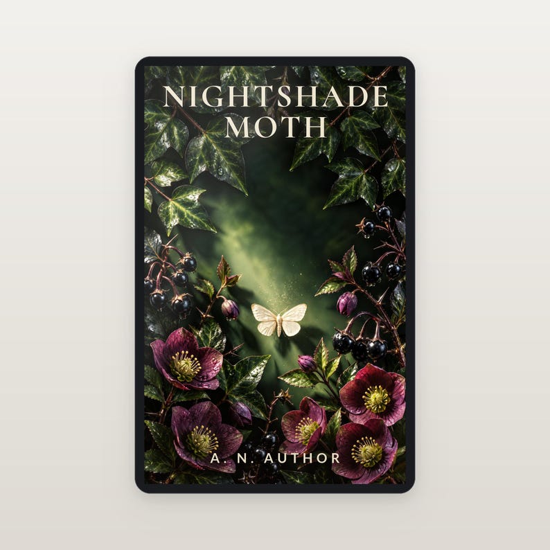 Premade Witchy Book Cover, Cream Moth in Nightshade Art for Hedge Witch Authors image 2