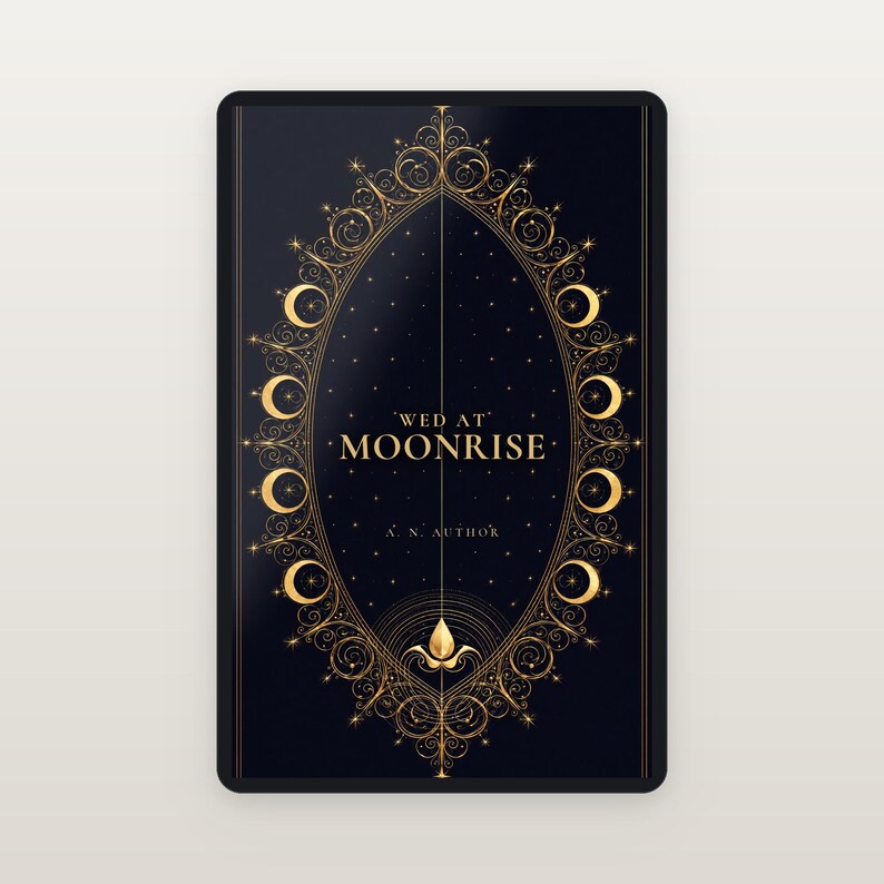 Premade Romantasy Book Cover, Gold Moons on Indigo Filigree, Fated Mates Ebook Design image 2