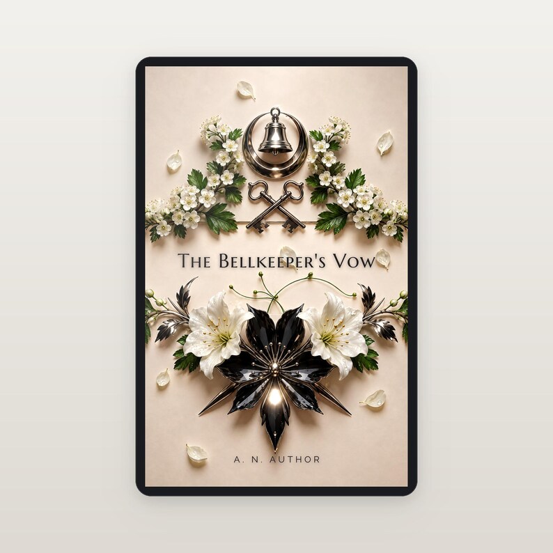 Premade Romantasy Book Cover, Silver Bell and Crossed Keys, Fairytale Ebook Design image 2