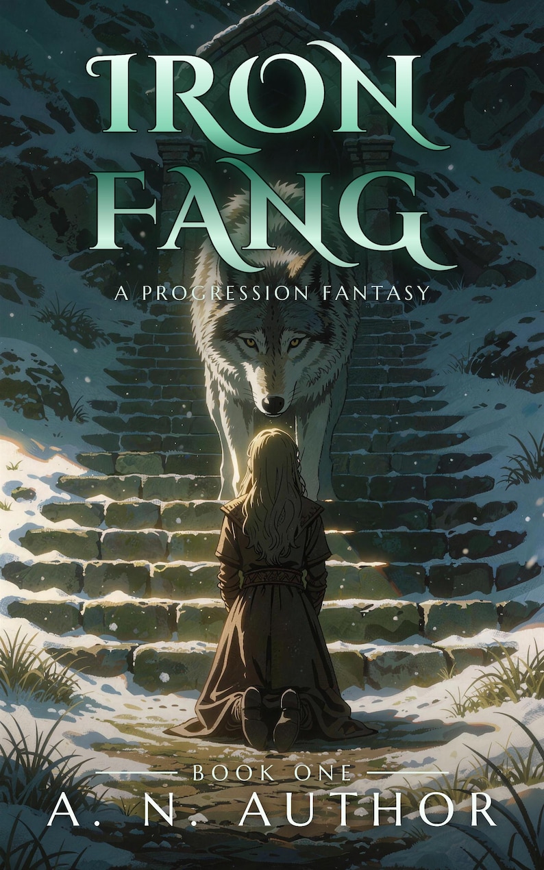 Premade Fantasy Book Cover, White Wolf and Kneeling Girl Art for Spirit Wolf Authors image 1