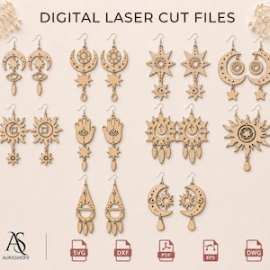 May include: A collection of laser-cut wooden earring designs featuring celestial, sun, moon, and hand motifs. The image displays various geometric shapes and patterns intended for digital cutting machines, labeled with the text DIGITAL LASER CUT FILES.