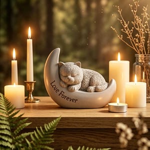 Pode incluir: Uma estatueta de gato cinzento a dormir numa lua crescente, com a inscrição "Love Forever". A cena inclui velas acesas de vários tamanhos e uma samambaia numa superfície de madeira, criando um ambiente sereno.