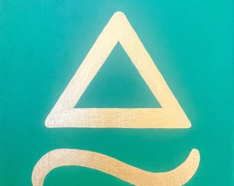 Pintura abstracta original, obra de arte minimalista en verde y dorado, energía espiritual (30 x 30 cm)