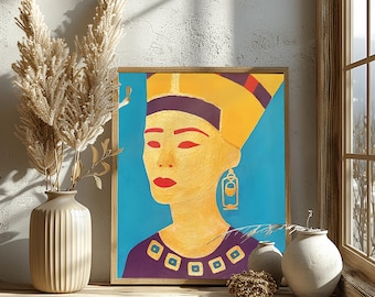 Gouden Nefertiti – origineel portretschilderij geïnspireerd op het oude Egypte, kleurrijk kunstwerk van de Egyptische koningin, gouache en acryl op papier