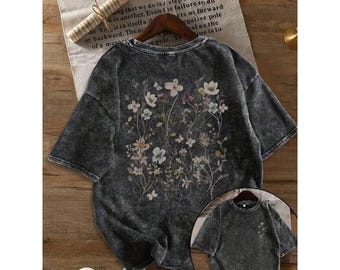 Vintage Floral Washed T-Shirt, Botanical Nature Graphic Tee, Cottagecore Style Top