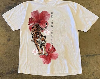 Y2K Tiger Sakura T-Shirt, Japanese Floral Graphic Top, Harajuku Streetwear Unisex
