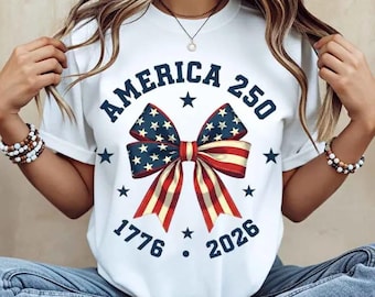 America 250 Patriotic Bow T-Shirt, Retro USA Stars Stripes Tee