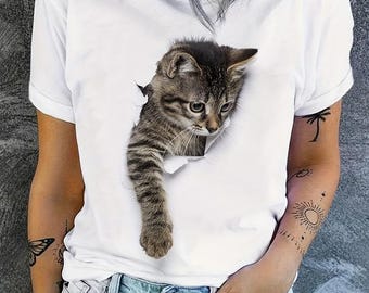 Realistic Kitten Graphic T-Shirt, Cat Lover Casual Animal Top