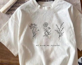 No Rain No Flowers Wildflower Graphic T-Shirt, Minimalist Botanical Line Art Print Tee