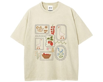 Cottagecore Goose Strawberry Graphic Tee, Botanical Nature T-Shirt