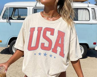 Retro USA Graphic Tee, Patriotic Oversized Summer T-Shirt
