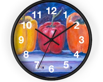 Three Peppers Still Life Wall Clock — Colorful Kitchen Art Clock