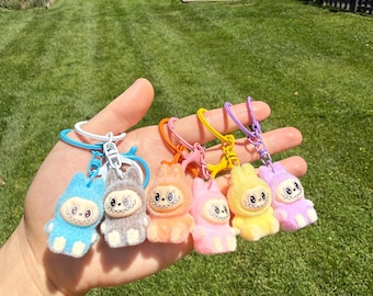 6 PCs Fuzzy Bunny Monster Keychains, Pastel Flocked Rabbit Bag Charms