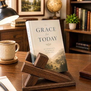 May include: A dark brown wooden book stand holding a hardcover book titled Grace for Today, 365 Devotions to Refresh Your Soul. The stand features a rectangular base with two angled supports that cradle the book in an upright, open display position.