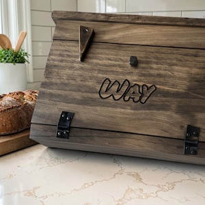 Custon Name Carved Bread Box | Rustic Wooden | Leather Hinges | Kitchen Countertop Breadbox