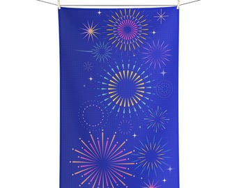 Paño de cocina de microfibra con estampado de fuegos artificiales de colores / Toalla de cocina azul con diseño de celebración