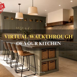 May include: A kitchen interior featuring dark olive green cabinetry, a central island with four brown leather bar stools, and woven storage baskets. The text VIRTUAL WALKTHROUGH OF YOUR KITCHEN is overlaid in the center, with a BEST SELLER badge in the corner.