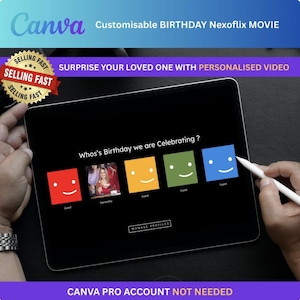 Może przedstawiać: Ekran tabletu wyświetla interfejs spersonalizowanego filmu urodzinowego z tekstem "Whos's Birthday we are Celebrating ?" nad pięcioma kwadratami profilowymi. Zawierają one czerwone, pomarańczowe, zielone i niebieskie ikony oraz zdjęcie z podpisem "Samantha".