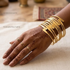 Handmade Solid Brass Bangle Set, Adjustable Open Cuff Bracelets (Set of 7)