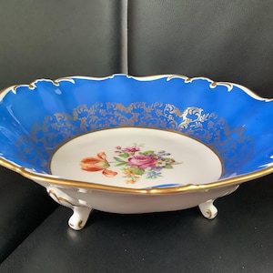 Vintage Jlmenau Graf Von Henneberg Footed Bowl, Echt Kobalt Blue Gold Porcelain Centerpiece East Germany, Mid Century Baroque Floral Dish