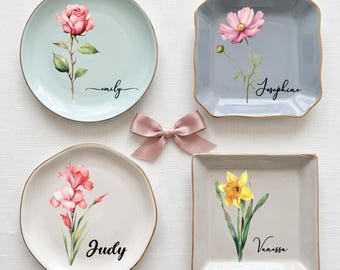 Porte-bijoux personnalisé avec fleurs de naissance, vide-poches floral pour anniversaire, cadeau pour demoiselle d'honneur, cadeau pour amie ou sœur.