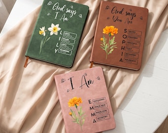 Carnet de notes personnalisé avec verset biblique « Dieu dit que tu es », carnet en cuir avec motif floral et mois de naissance, carnet d'affirmations chrétiennes, cadeau religieux