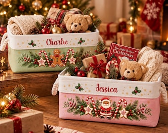 Panier de rangement personnalisé pour les fêtes, boîte cadeau personnalisée pour les fêtes, panier à livres de Noël, décoration de Noël chaleureuse pour la maison, cadeau pour fils ou fille