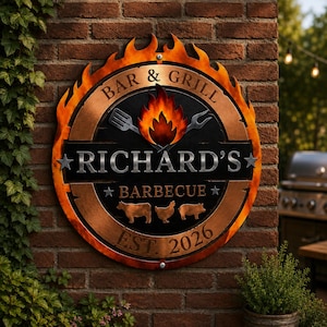 May include: A circular metal sign featuring a flame-shaped border, the text "BAR & GRILL", "RICHARD'S", "BARBECUE", and "EST. 2026". The center displays a flame graphic, a spatula, a fork, and silhouettes of a cow, a chicken, and a pig.