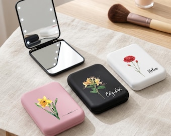 Miroir de poche LED personnalisé avec fleur de naissance, cadeau de demande en mariage personnalisé pour demoiselle d'honneur, miroir de poche lumineux pour meilleure amie, miroir de maquillage à offrir à sa meilleure amie