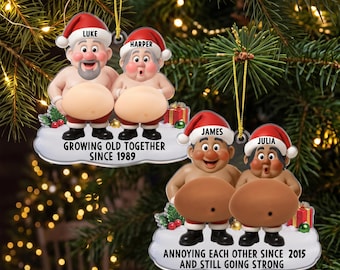 Ornement 3D souple et amusant personnalisé pour couples, représentant un ventre rond, avec noms et année d'anniversaire, cadeau idéal pour les couples qui vieillissent ensemble, cadeau de Noël