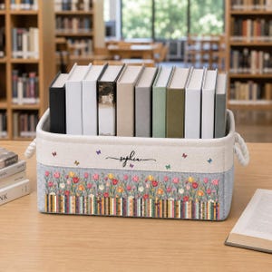 Custom Birth Flower Book Basket With Name, Floral Canvas Storage Bin, Book Lover Decor, Personalized Organizing Basket, Gift For Librarian