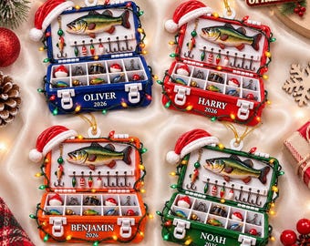 Boîte à pêche personnalisée, ornement en acrylique blanc en relief 3D, cadeau pour pêcheur, cadeau de Noël sur le thème de la pêche, souvenir personnalisé d'outils de pêche