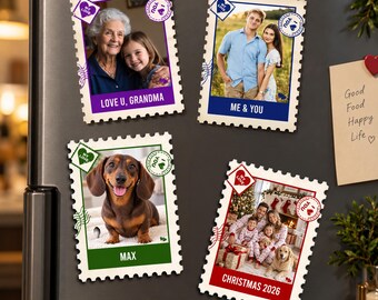 Custom Postage Stamp Photo Magnet, Personalized Memory Keepsake, Gift for Family, Family Portrait Fridge Magnet, Christmas Gift