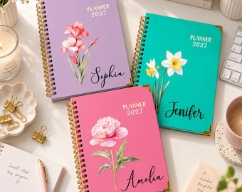 Custom Birth Month Flower Journal Planner 2027, Gift for Planner Fan, Personalized Monthly Planner, Personalized Work Organizer Gift For Her