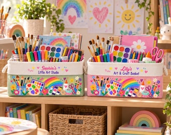 Panier de rangement personnalisé pour fournitures artistiques d'enfants, décoration de chambre de bébé personnalisée avec prénom, organisateur de jouets, rangement pour livres et vêtements, cadeau de naissance