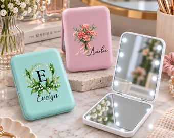 Miroir de poche LED personnalisé avec fleur de naissance, cadeau de mariage pour une amie, miroir pour demoiselle d'honneur pour une fille, miroir de poche personnalisé pour elle