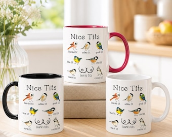 Custom Nice Tits Bird Mug, Funny Chickadee Great Tit Pun Mug, Personalized Husband Gag Gift, Cheeky Exchange Gift for Coworkers