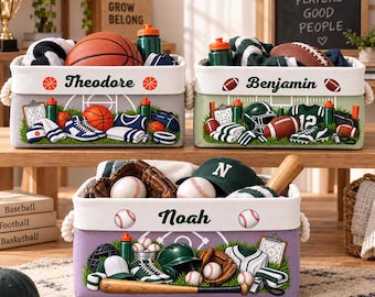 Panier de rangement sportif personnalisé avec nom, cadeau pour les fans de baseball, football, basket-ball et hockey, décoration pour chambre d'enfant, bac de rangement à jouets personnalisé