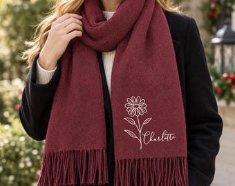 Écharpe brodée personnalisée avec le prénom et les fleurs du mois de naissance, cadeau d'anniversaire, châle pour demoiselle d'honneur, cadeau de Noël, écharpe chaude d'hiver